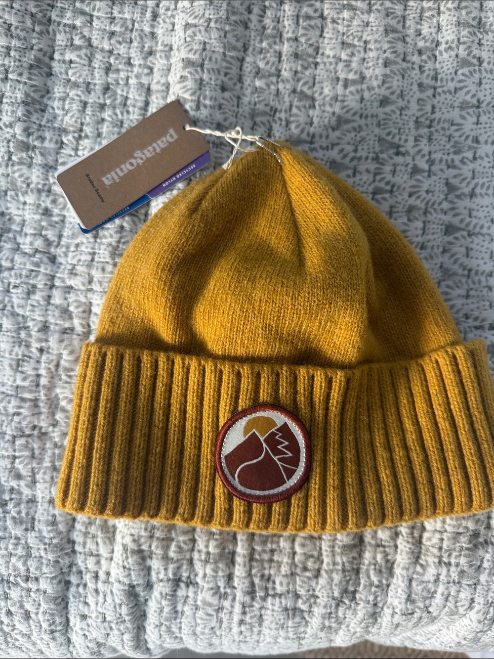 Patagonia Mustard Yellow Knit Beanie with Mountain Patch